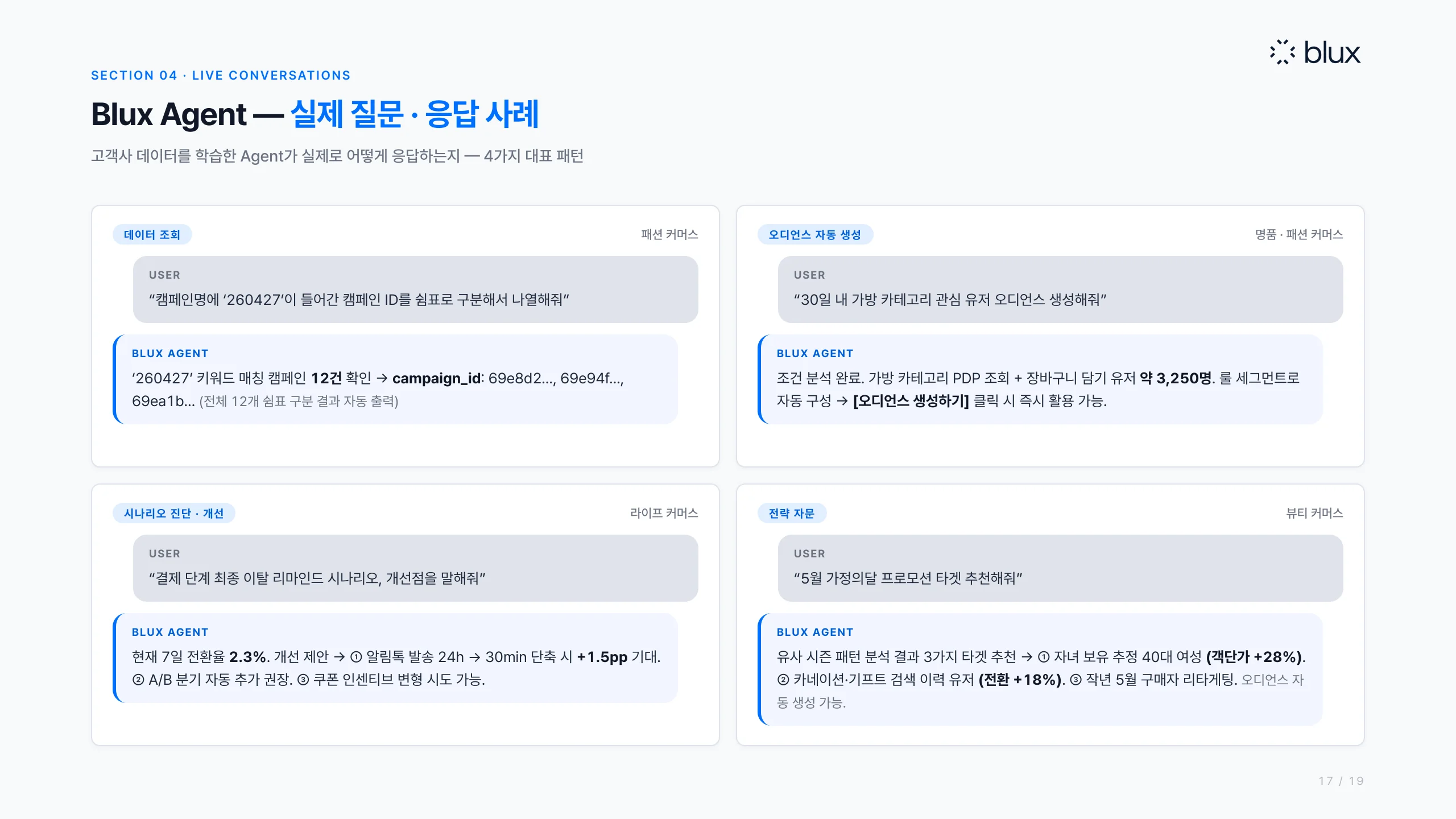 17쪽 — Blux Agent 실제 질문과 응답 사례