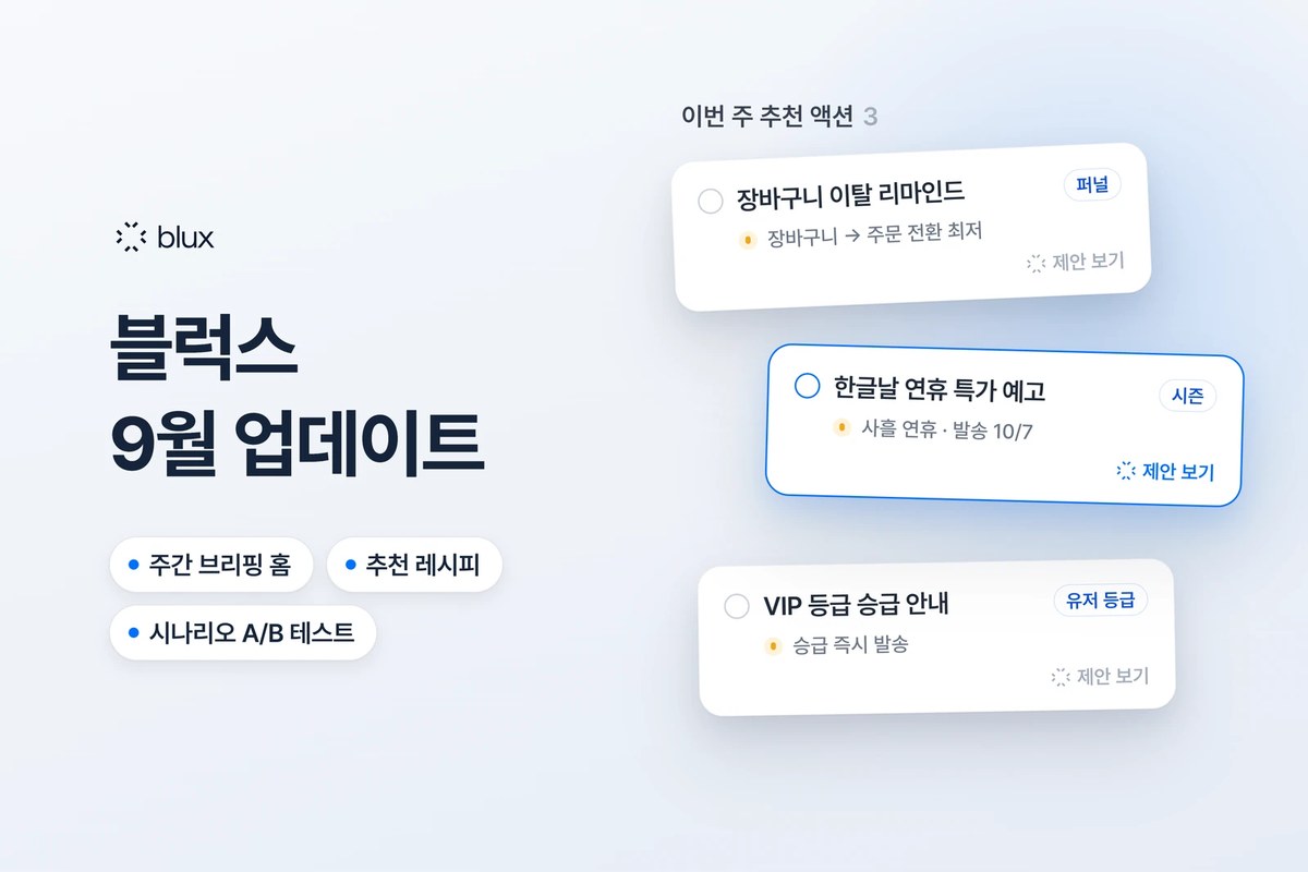 블럭스 9월 업데이트 — 주간 브리핑 홈, 추천 레시피, 시나리오 A/B 테스트