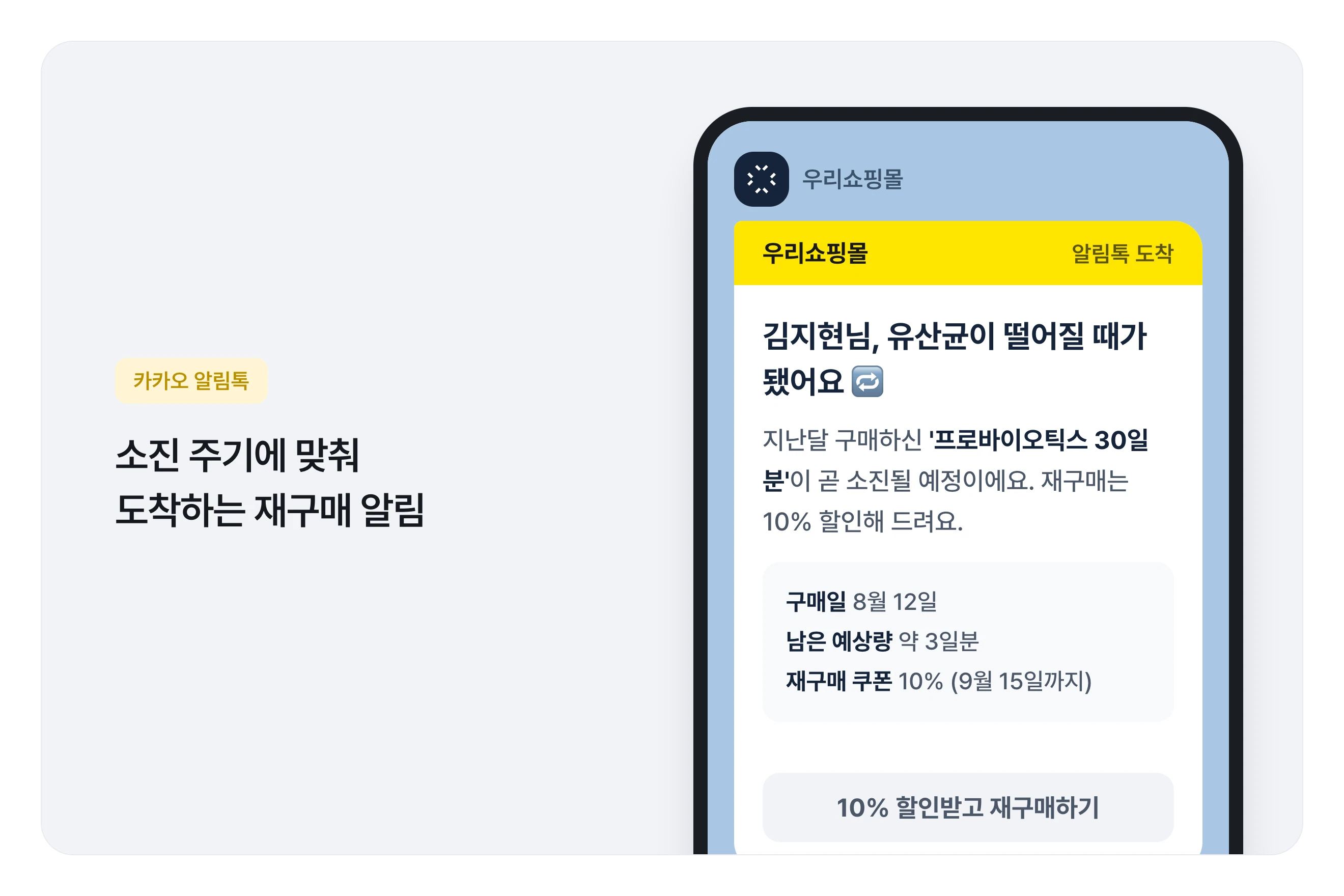 상품 소진 주기에 맞춘 재구매 카카오 알림톡 예시