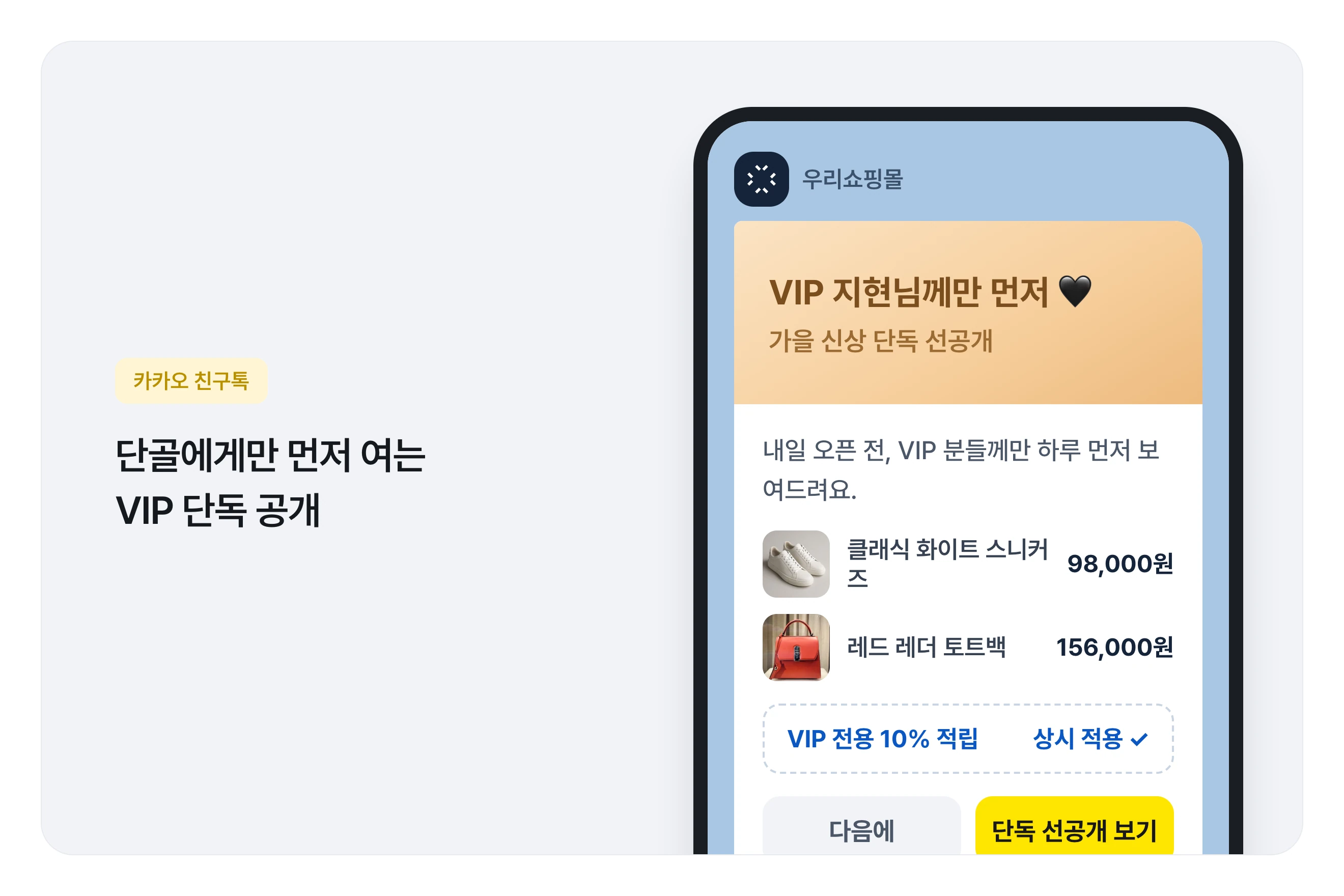 VIP 고객 전용 단독 공개 카카오 친구톡 예시