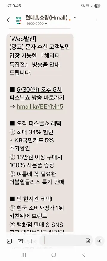 현대홈쇼핑 [문자] 문자 수신 고객 한정 특집전 CRM 메시지